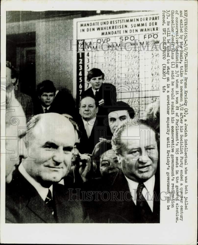 1970 Press Photo Bruno Kreisky & Chancellor Josef Klaus talk to newsmen, Austria