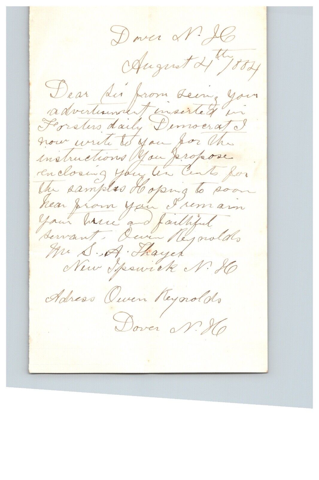 1884 Handwritten LetterJ Owen Reynolds Dover NH New Hampshire History