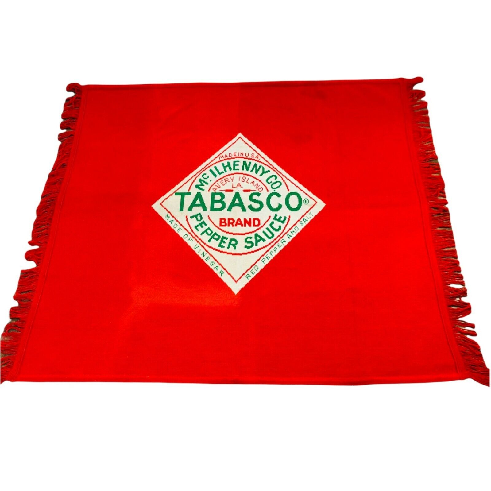 Vintage Tabasco Pepper Sauce Blanket Fringe  67 x 63 Advertising Logo USA
