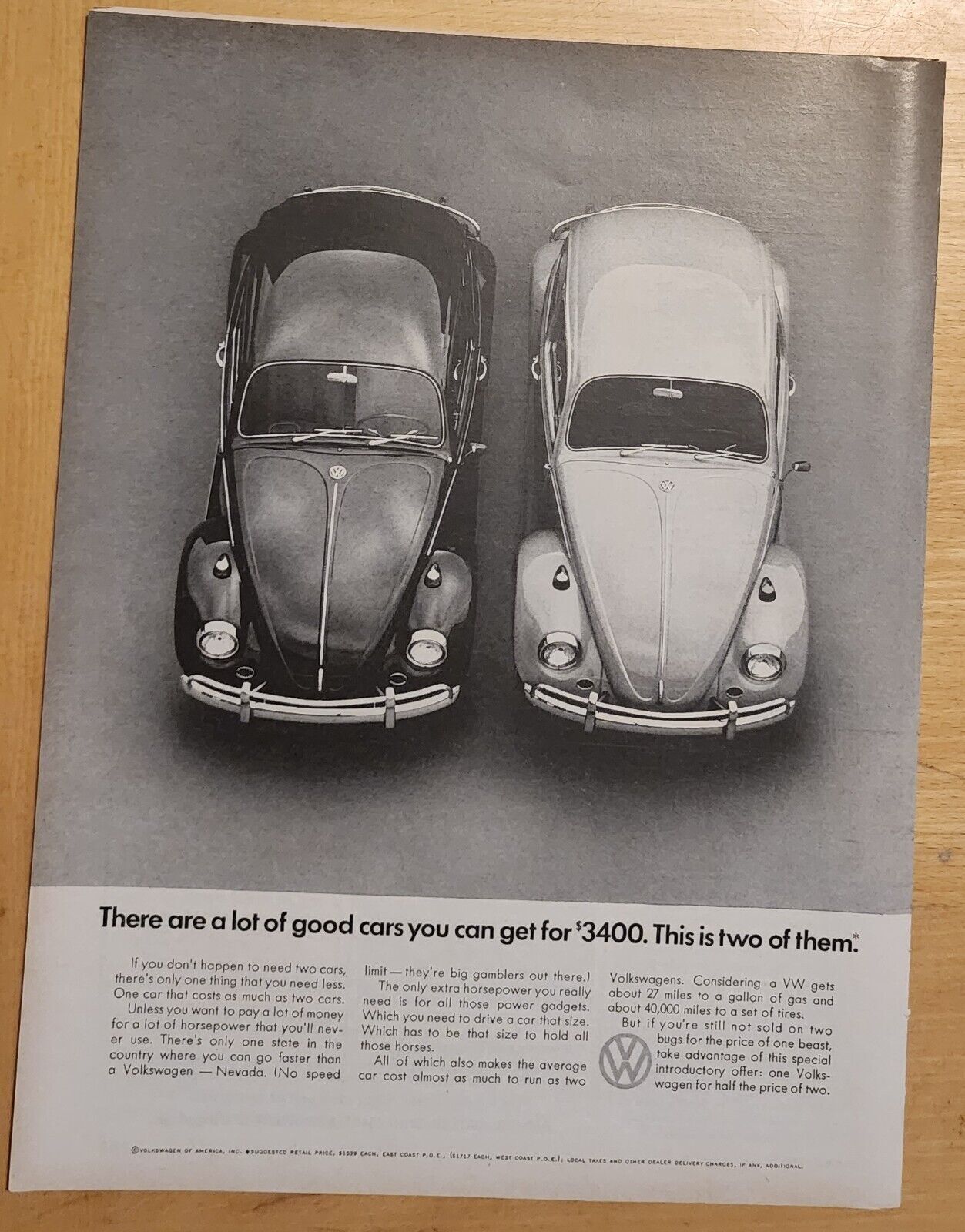 Volkswagen Beetle Vintage B&W Print-Ad VW Bug MSRP $1639 Each