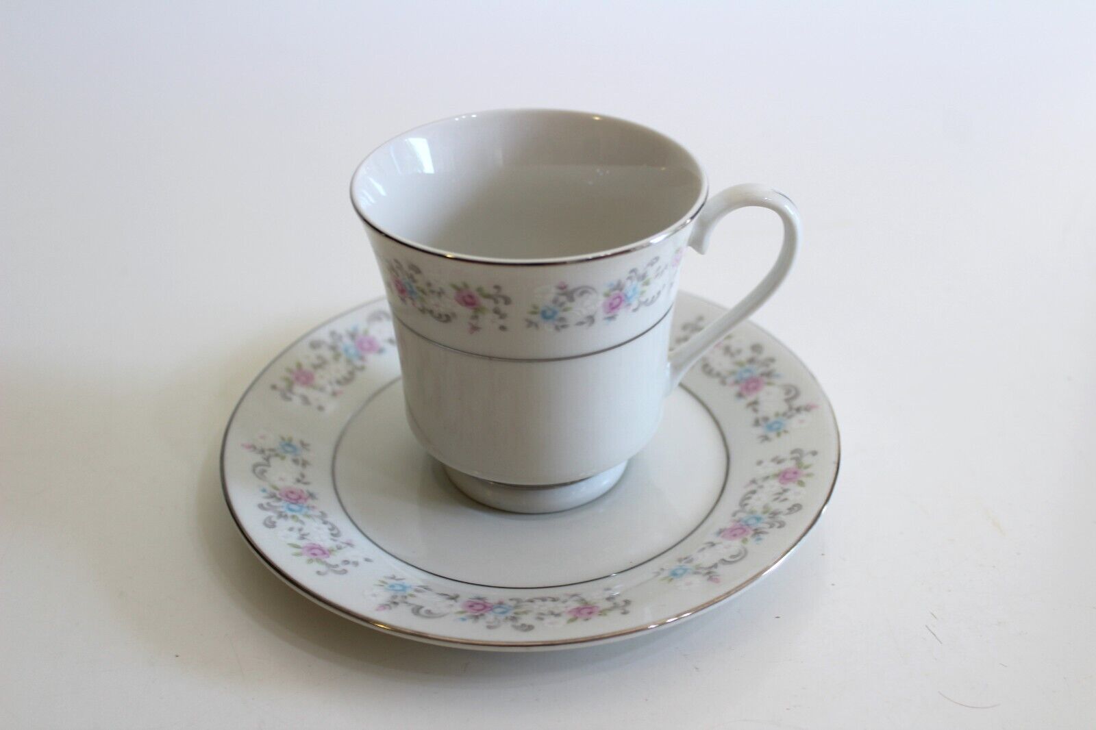 Vintage Hebei Porcelain China Teacup Saucer Set Pink Blue Roses Platinum Silver