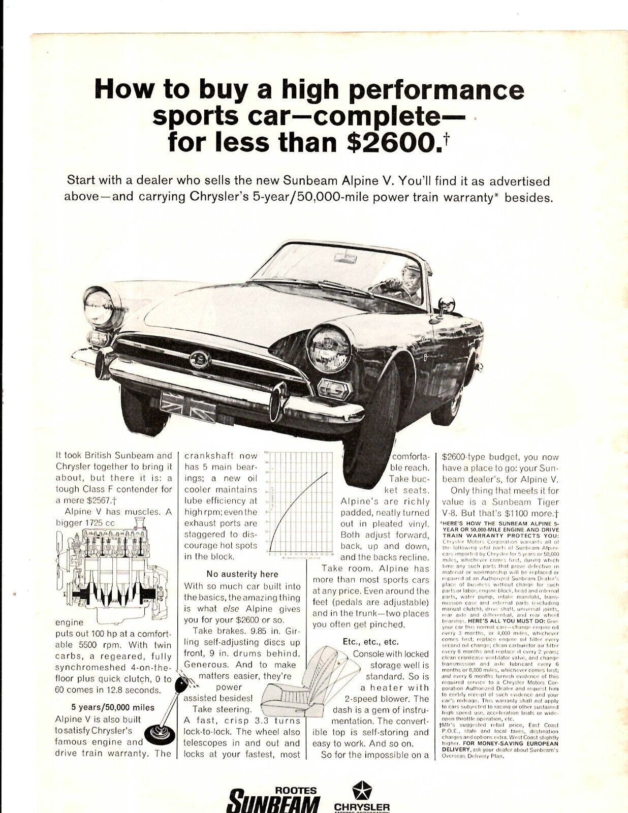 1967 Print Ad Chrysler Sunbeam Alpine V 5 year 50000 mile powert train warranty