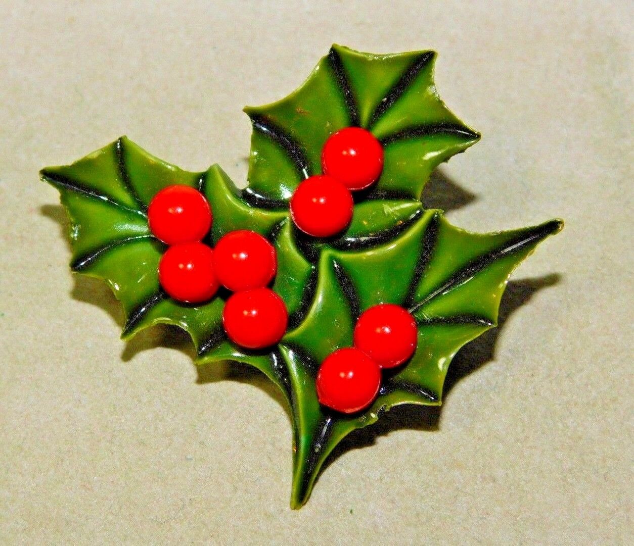 Vintage Christmas Holy Leaf Green Red Brooch Pin 12K 85