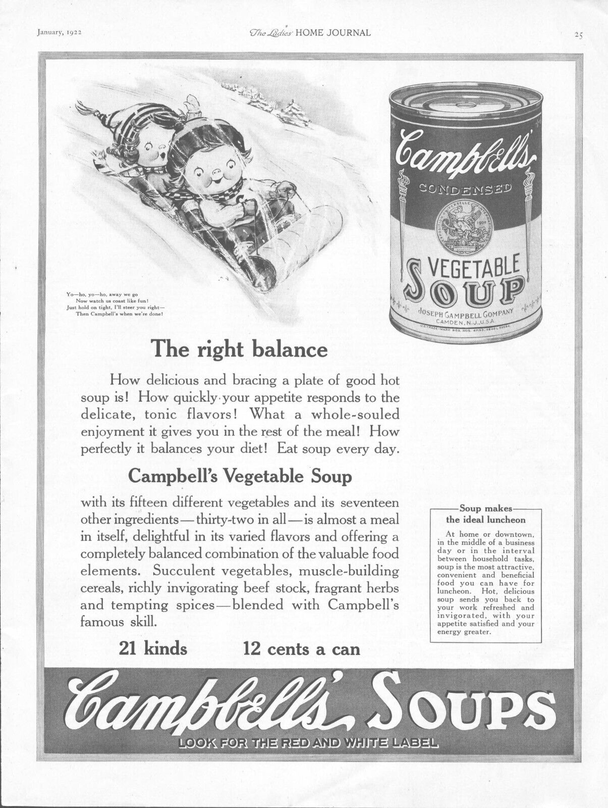1922 Campbells Vegetable Soup Antique Print Ad Sleigh Riding The Right Balance