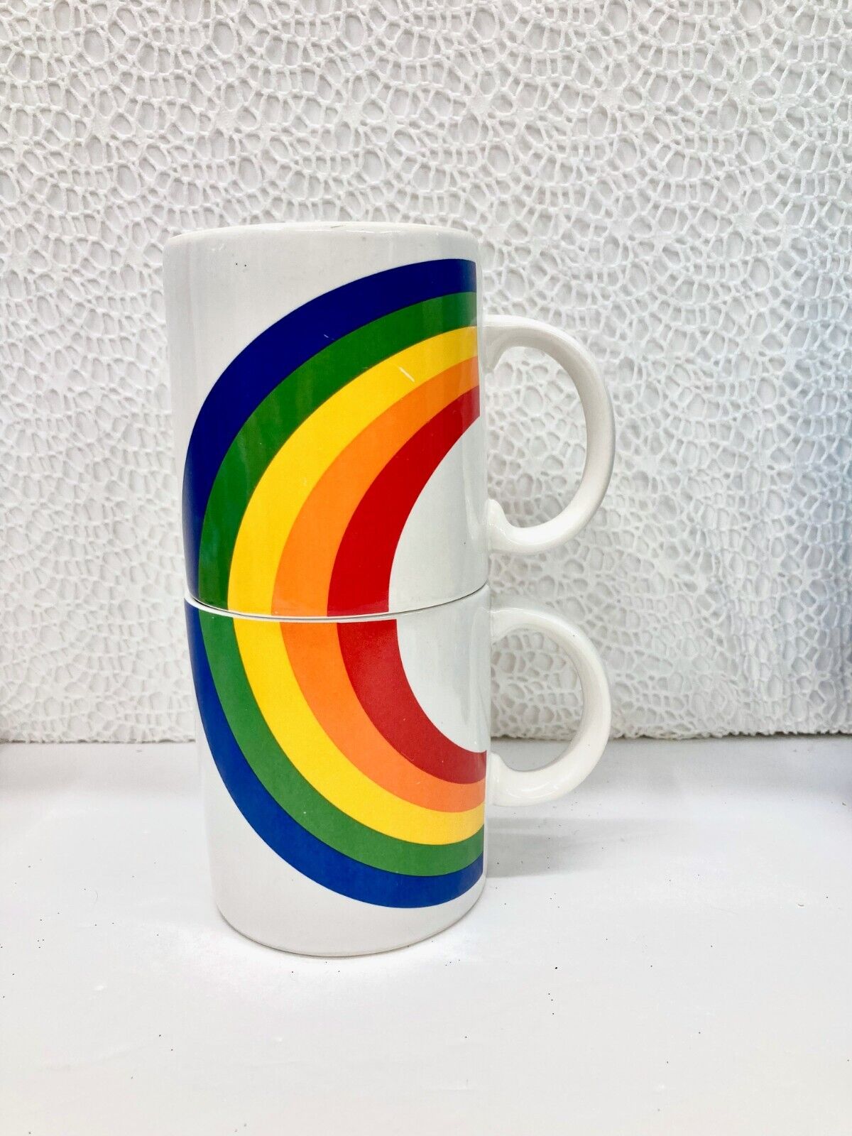 Vintage Rainbow Mugs Coffee Cup Pair 1986 Double Sided, FTD Korea