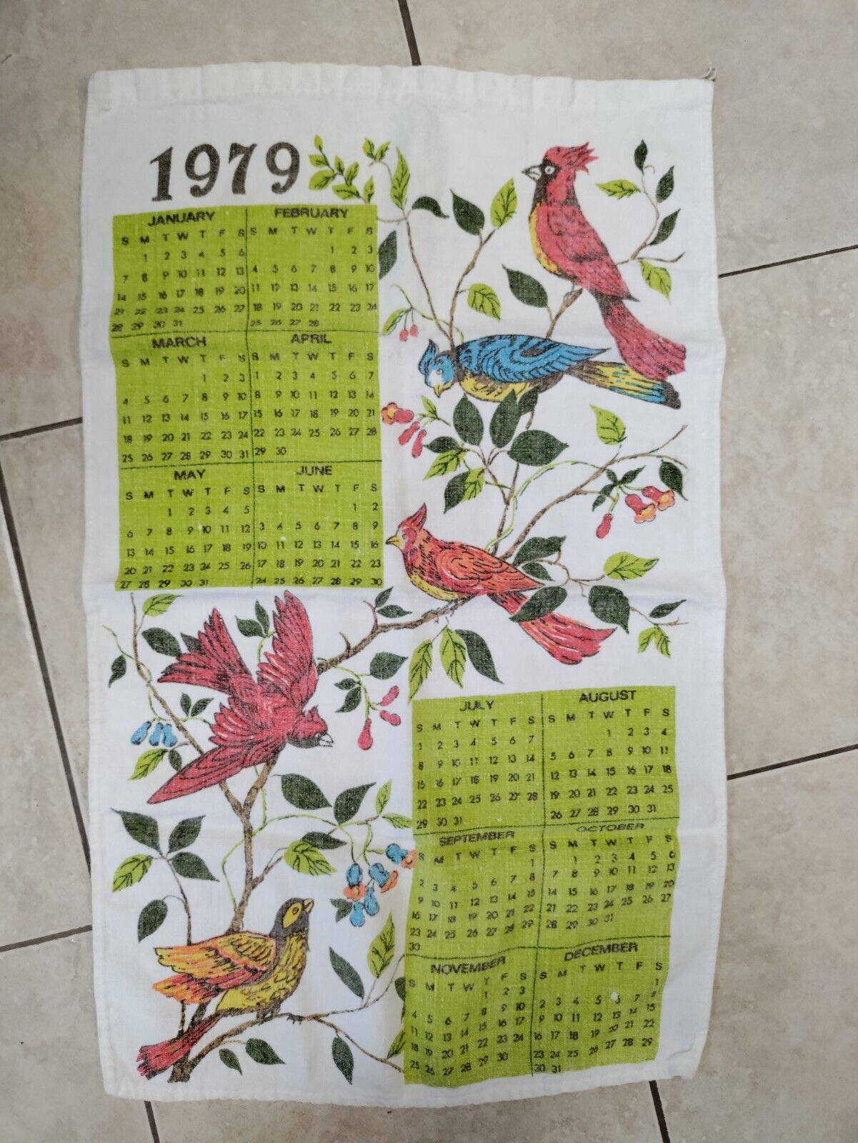 Vintage Linen Tea Towel 1979 Calendar Birds In Tree Cardinal