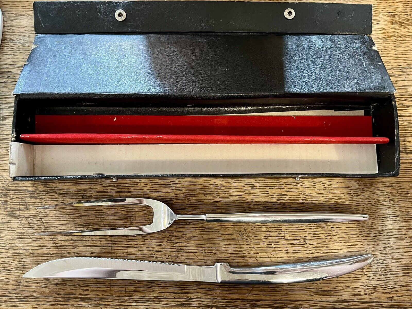 Vtg Mid Century Stainless Steel Japan Carving Set Knife And Meat Fork w/ Box MCM