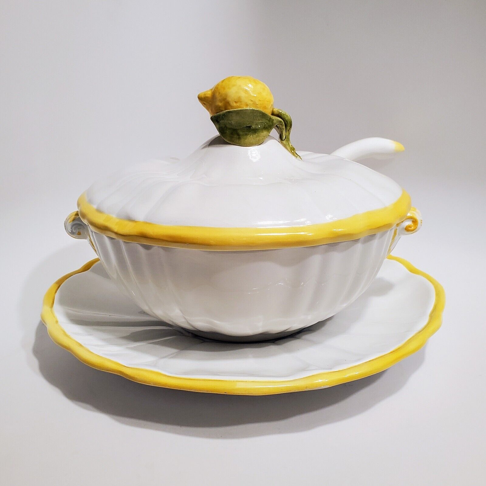 Vintage Italian Majolica Lemon Soup Tureen Ladle & Underplate Ceramic Italy