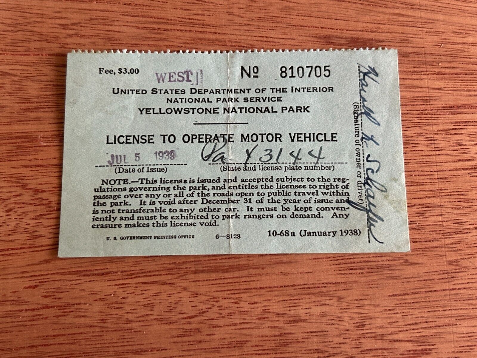 1939 Yellowstone National Park License To Operate Motor Vehicle Vintage
