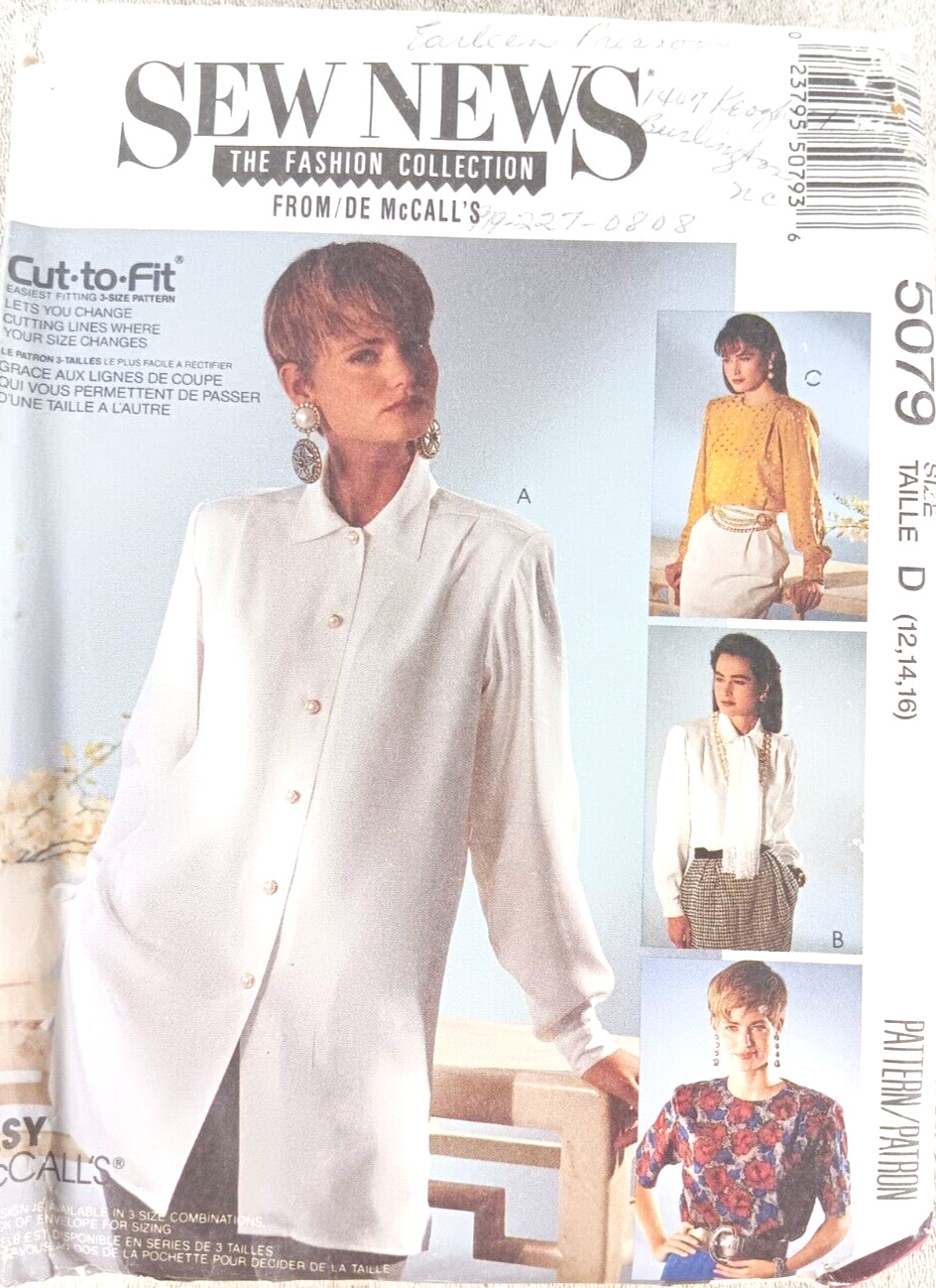 McCall\'s Pattern 5079 Easy Blouse & Scarf size 12-16 Sew News Fashion Collection