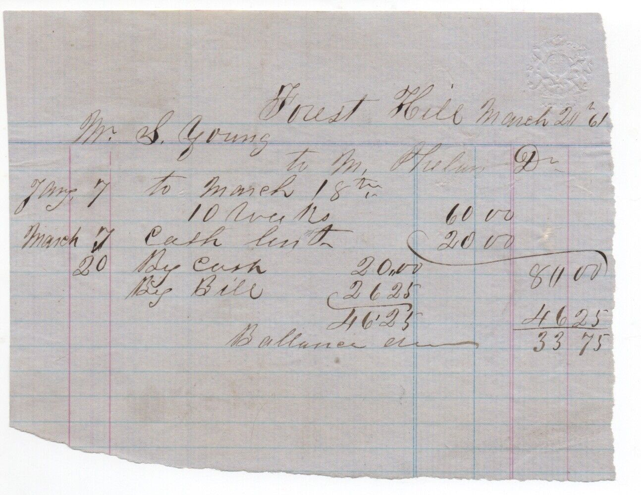1861 Receipt from Forest Hill California