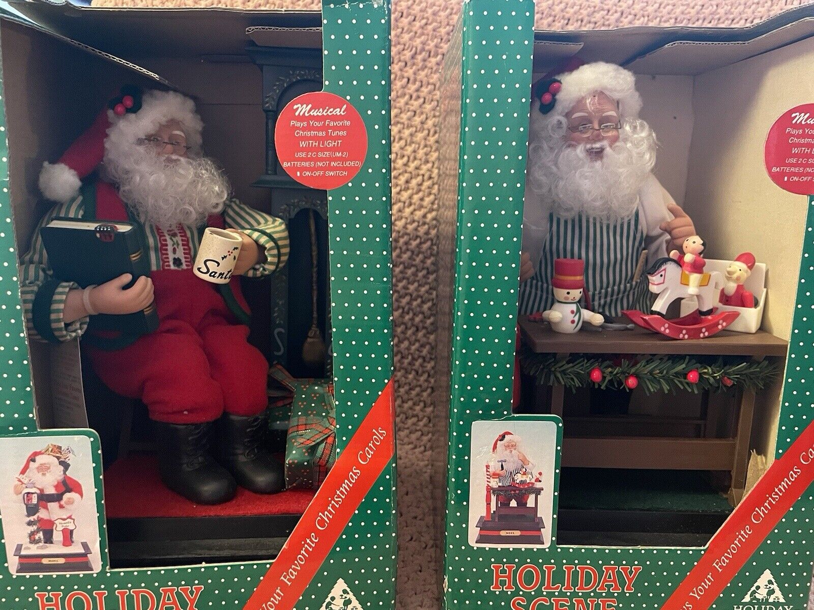 Vintage Holiday Scene Santa Animated Musical - In Box New- Damaged Box- Set Of 2