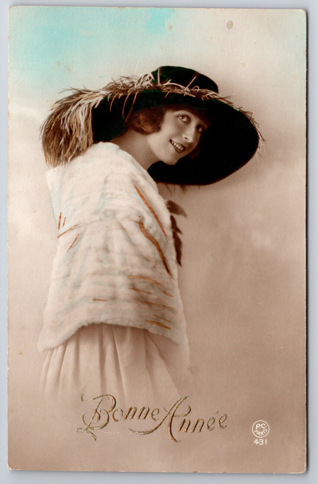 Vintage C1920 Postcard Bonne Annee French Fashion Woman with Large Feathered Hat