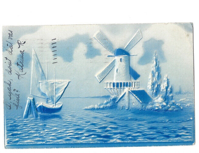 c.1906 Blue Water Boats Windmill And House Airbrushed Undivided Postcard POSTED