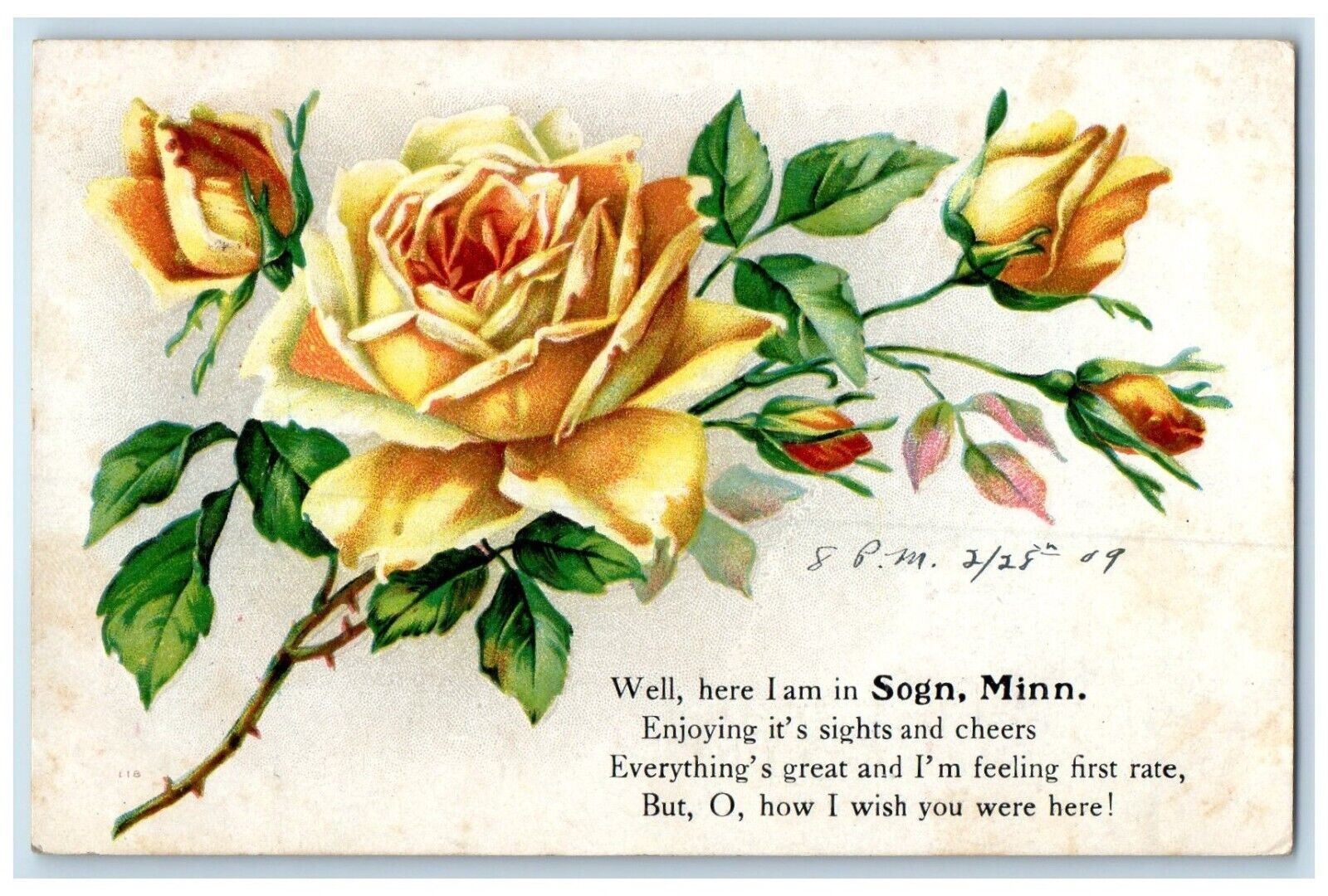 c1909 Well Here I Am Sogn Minnesota MN Vintage Antique Embossed Roses Postcard