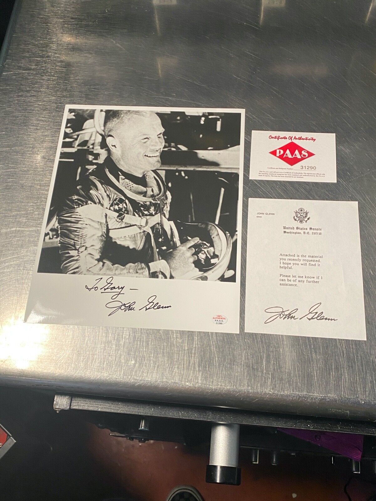Astronaut John Glenn Autographed Photo with Letter from Senate & COA PAAS