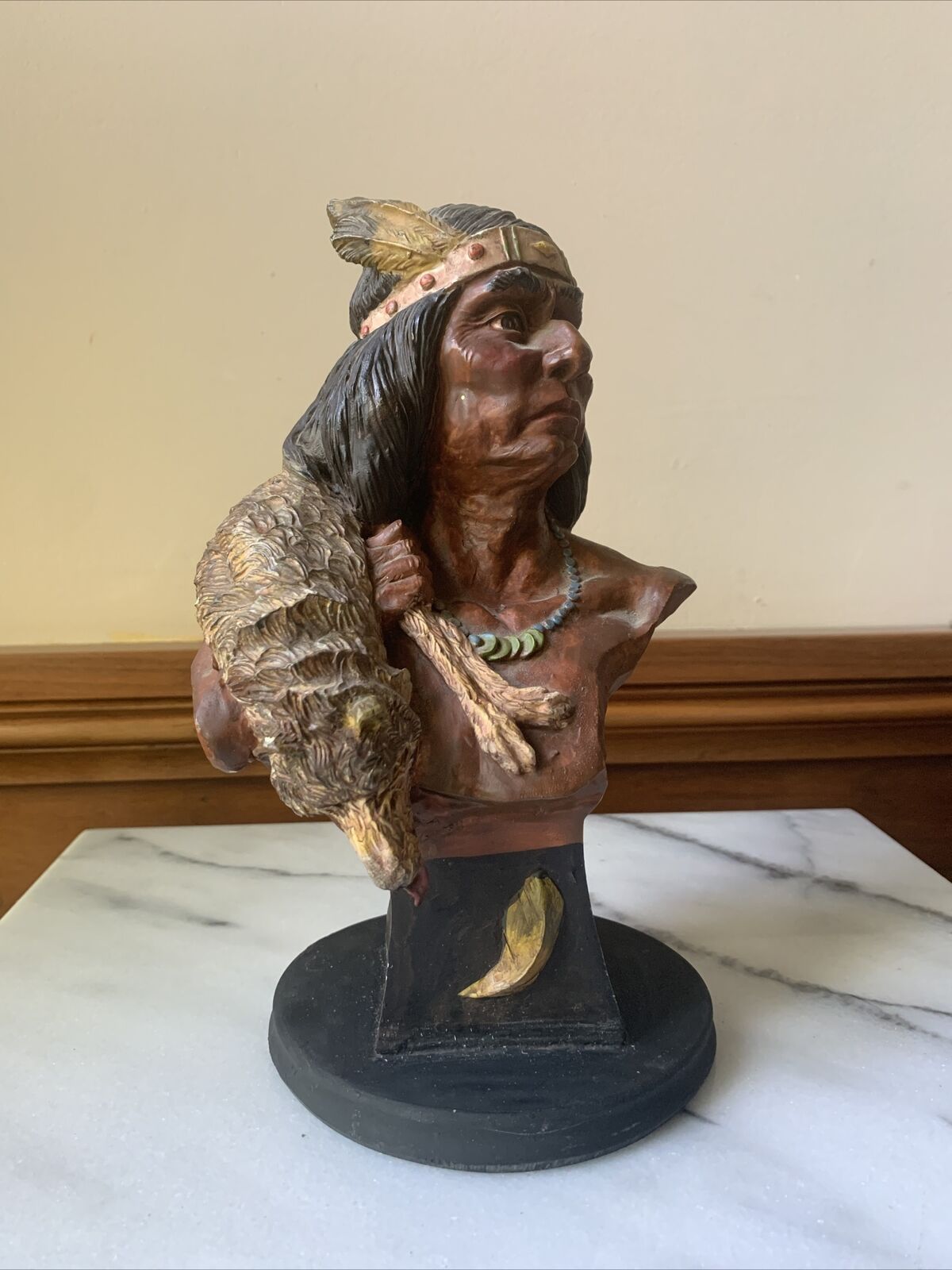 Antique Chalkware Plaster Native American Indian Chief Bust Cigar Store Painted