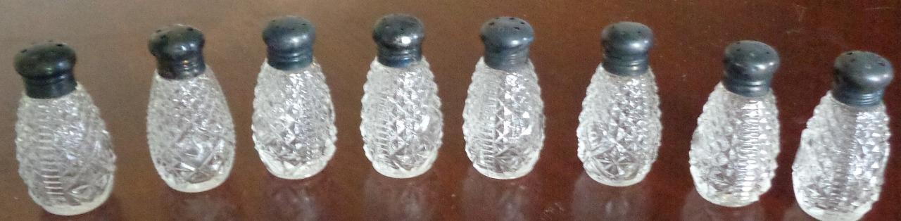 Lot of 8 Miniature Individual Pressed Glass Salt & Pepper Shakers – Silverplated