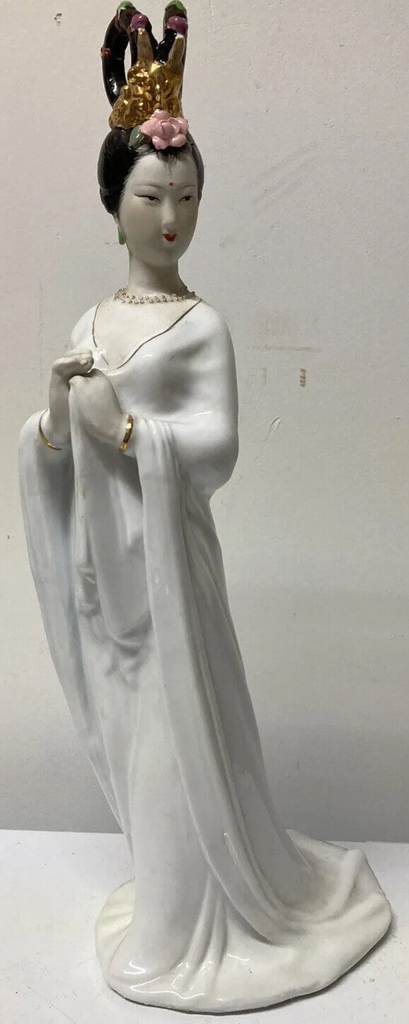 Vtg Chinese Woman Female Asian Gold Headdress White Gown Porcelain Statue 17”
