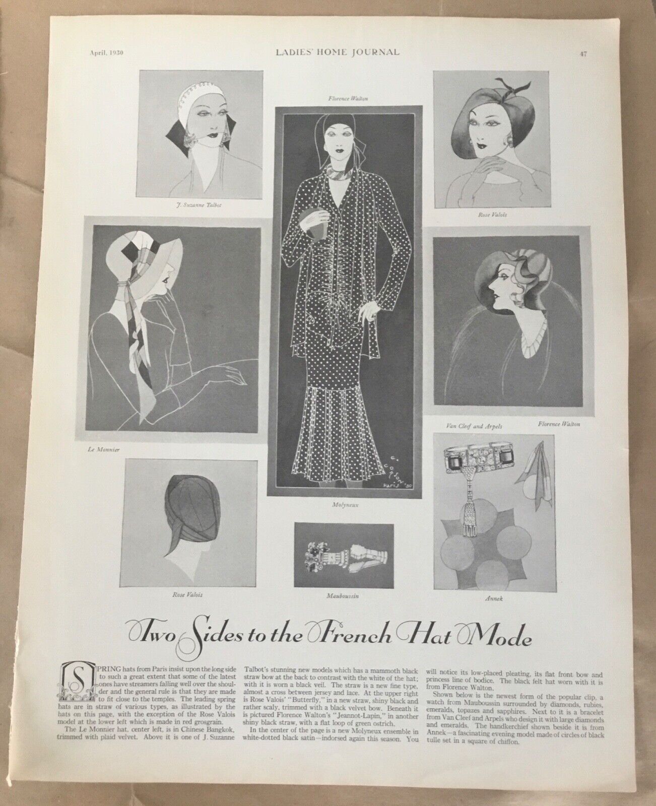 French Hat Mode Fashion original vintage 1930 deco art flapper pictorial women\'s