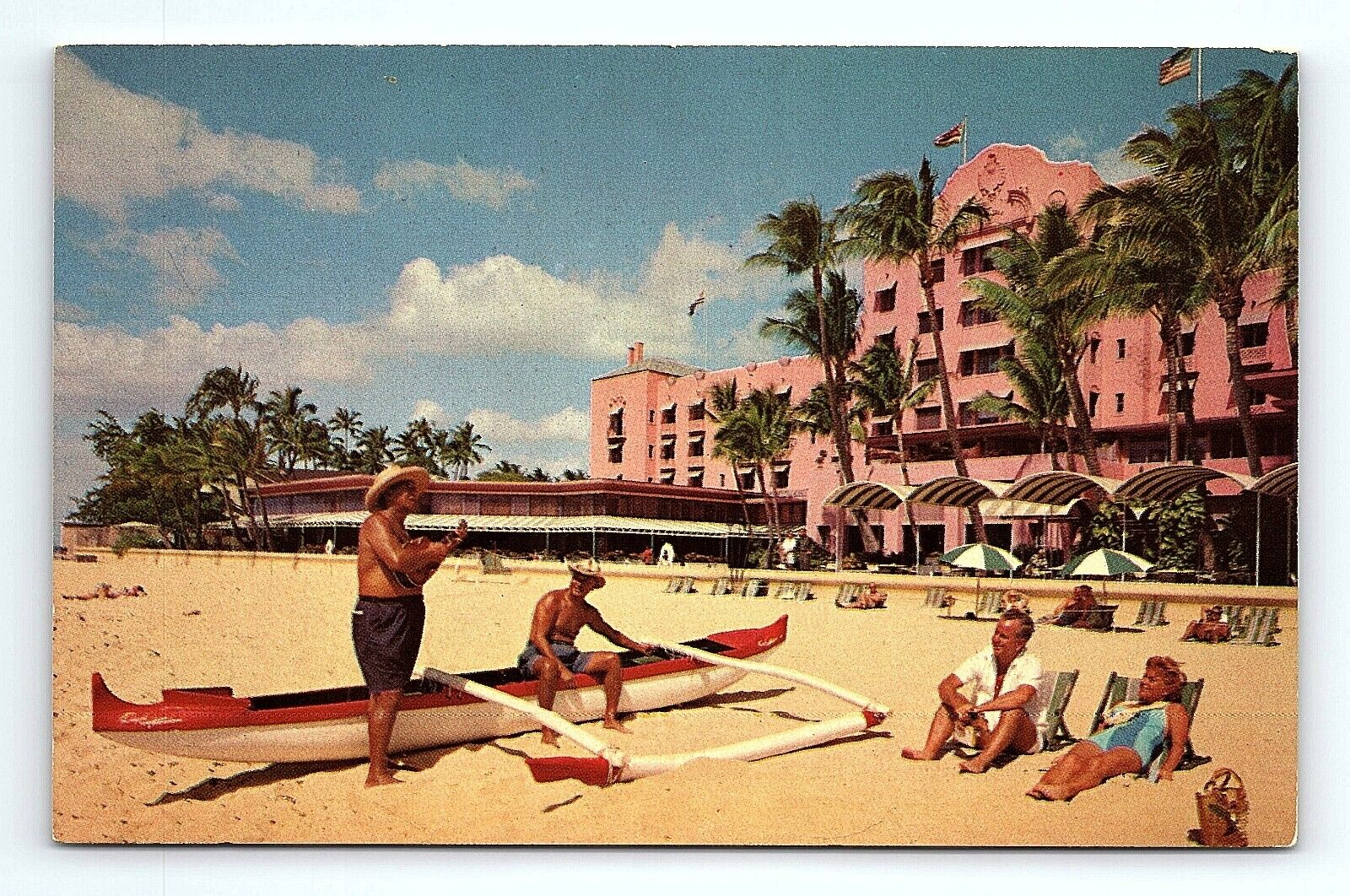 Waikiki Beach Hawaii Royal Hawaiian Hotel Postcard Sunbathing pc99