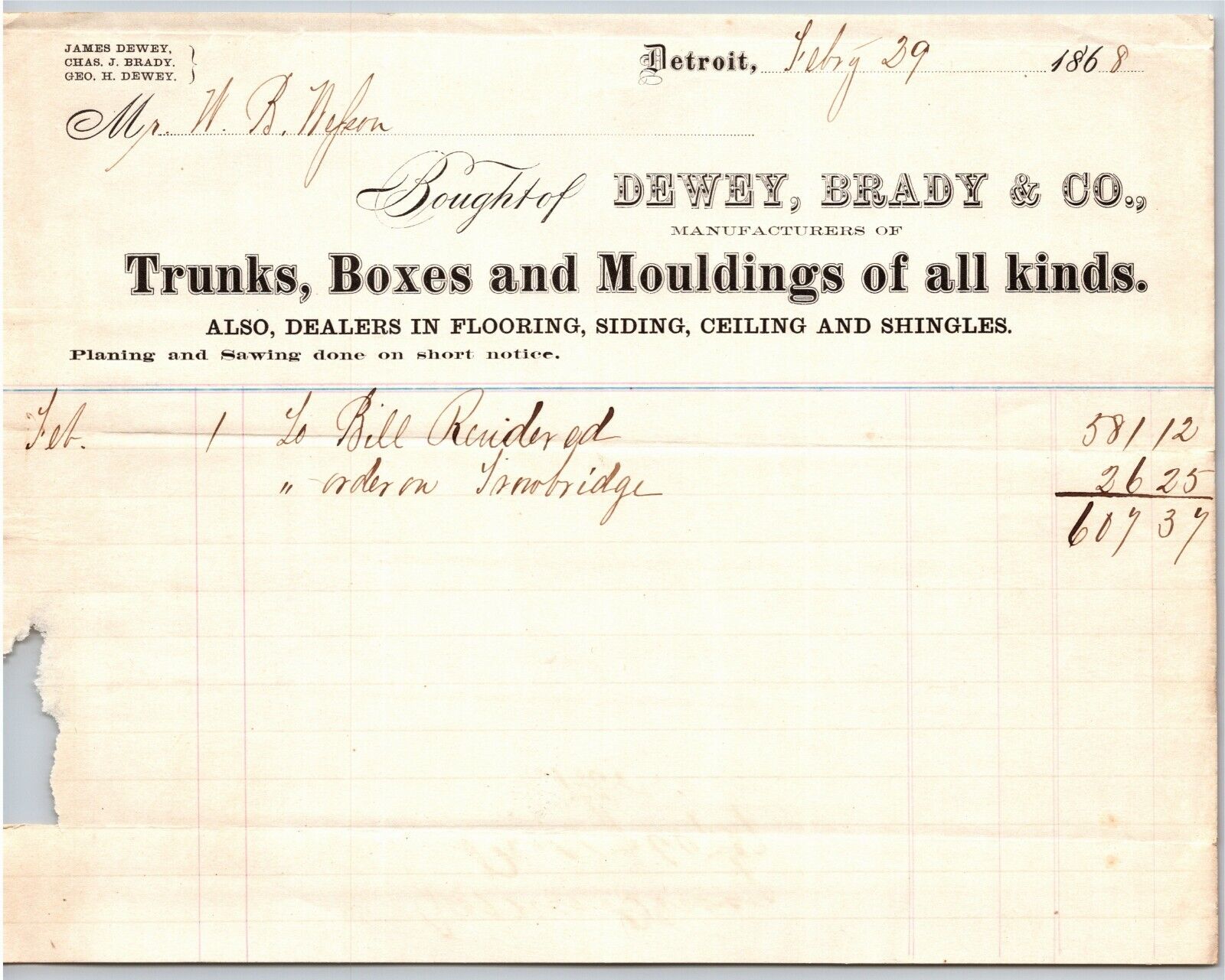 Detroit Letterhead Dewey & Brady Trunks Boxes Mouldings of All Kinds - 1868