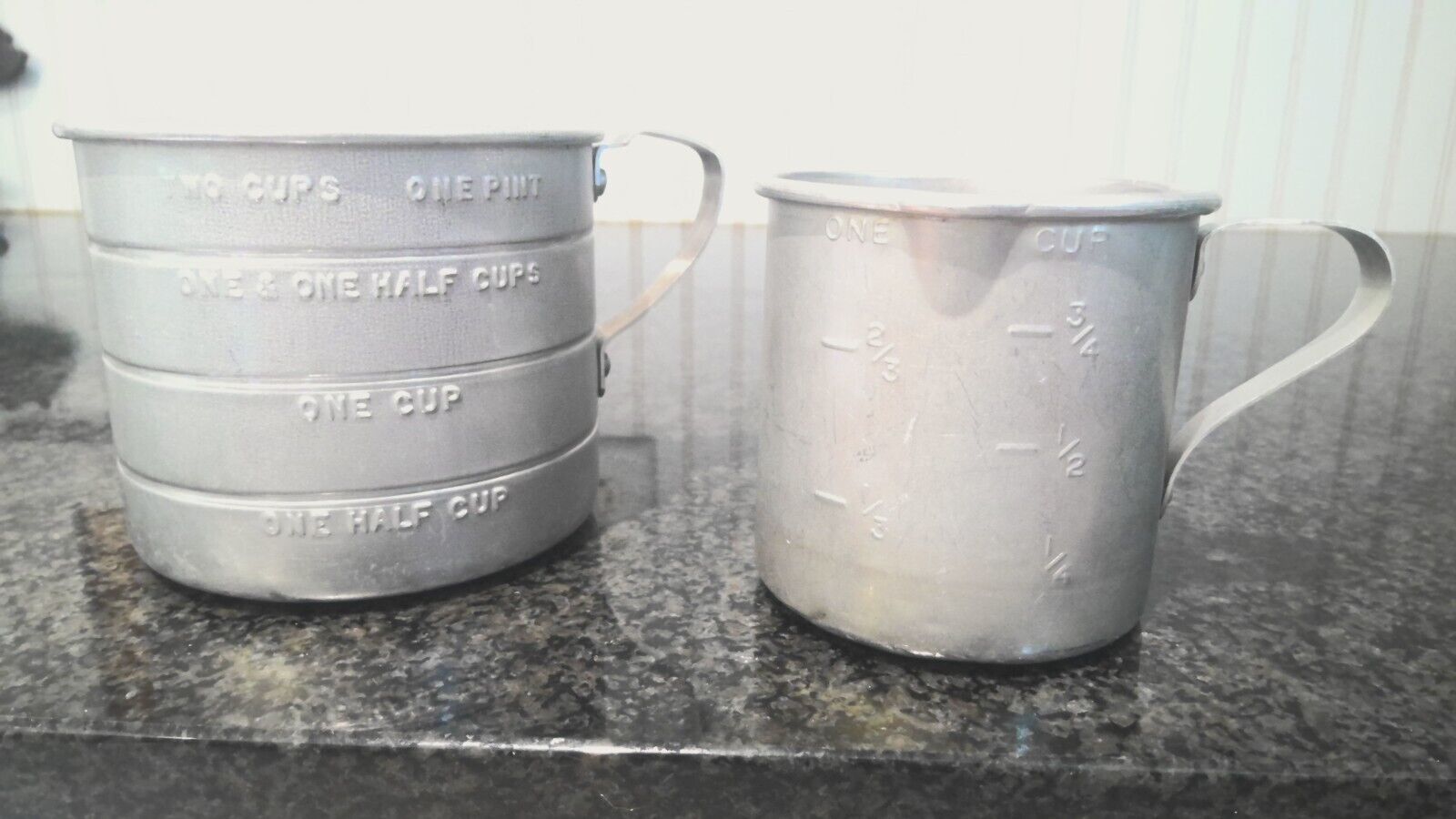 Vintage \'50\'s Set of 2 Aluminum Measuring Cups 1 & 2 Cups 1 Cup has Spout