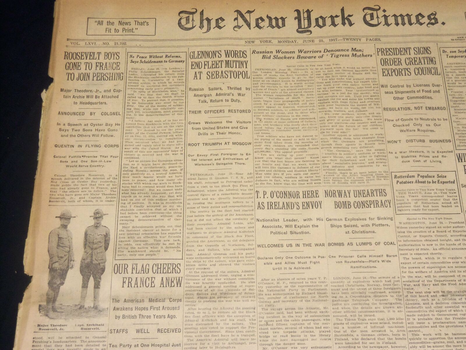 1917 JUNE 25 NEW YORK TIMES NEWSPAPER- ROOSEVELT BOYS TO JOIN PERSHING - NT 7804