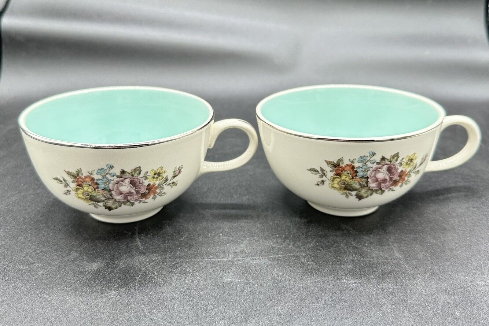 Vintage Cunningham & Pickett Danube Teacups Set Of Two Blue W/ Flowers & Silver