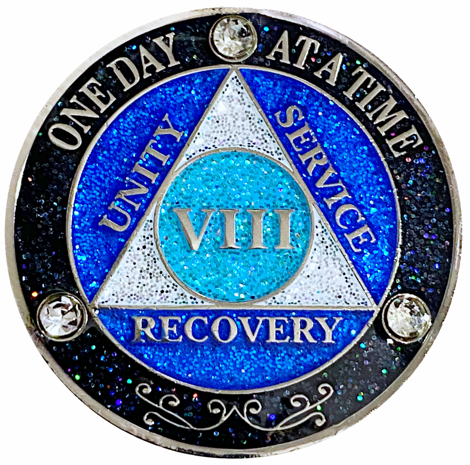 AA 8 Year Crystals & Glitter Medallion, Silver, Blue Color & 3 Crystals