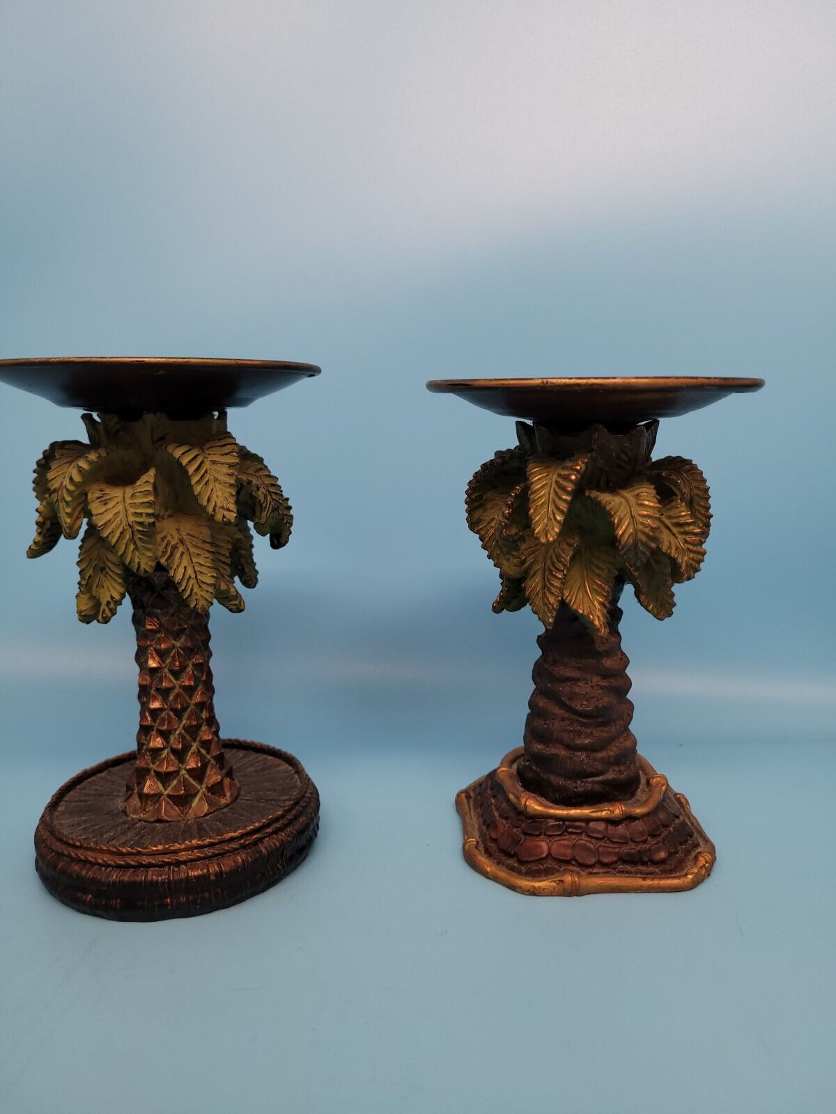 Palm tree candle holders ceramic Vtg metal Tropical coconut palm green gold
