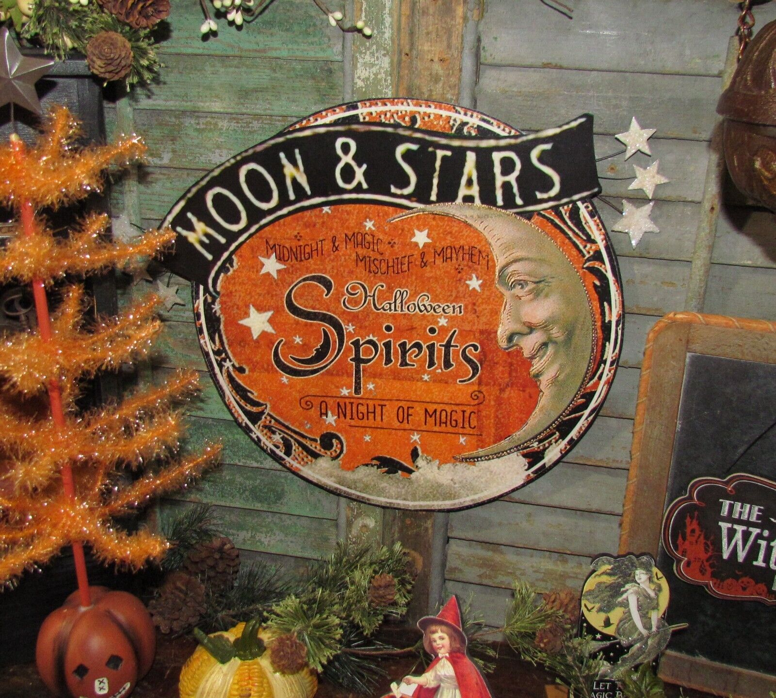 Bethany Lowe Antique Vtg Style Witch Magic Halloween Spirts Moon Stars Tin Sign