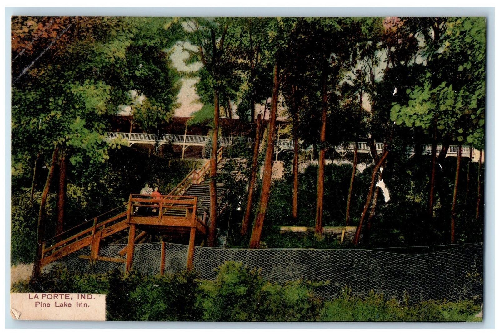 c1910 Pine Lake Inn & Restaurant Guests Steps Building La Porte Indiana Postcard
