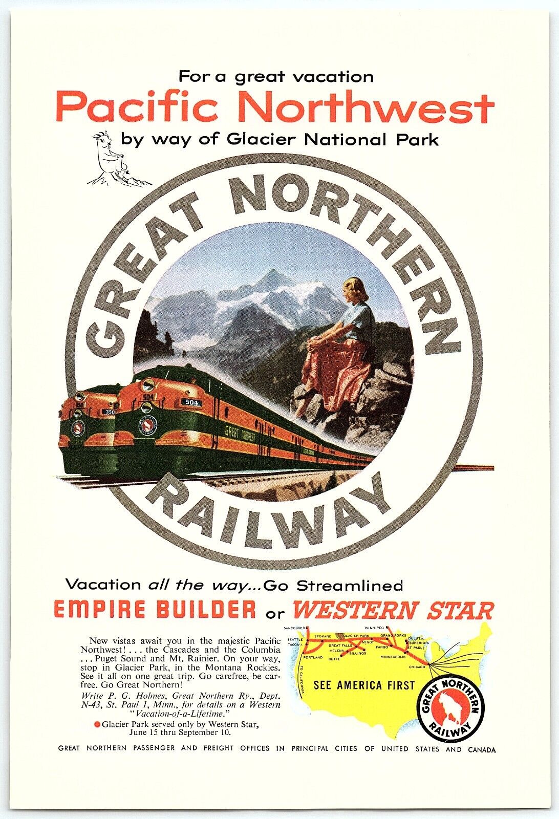 1940s GREAT NORTHERN RAILWAY PACIFIC NORTHWEST WESTERN STAR PRINT AD Z6049