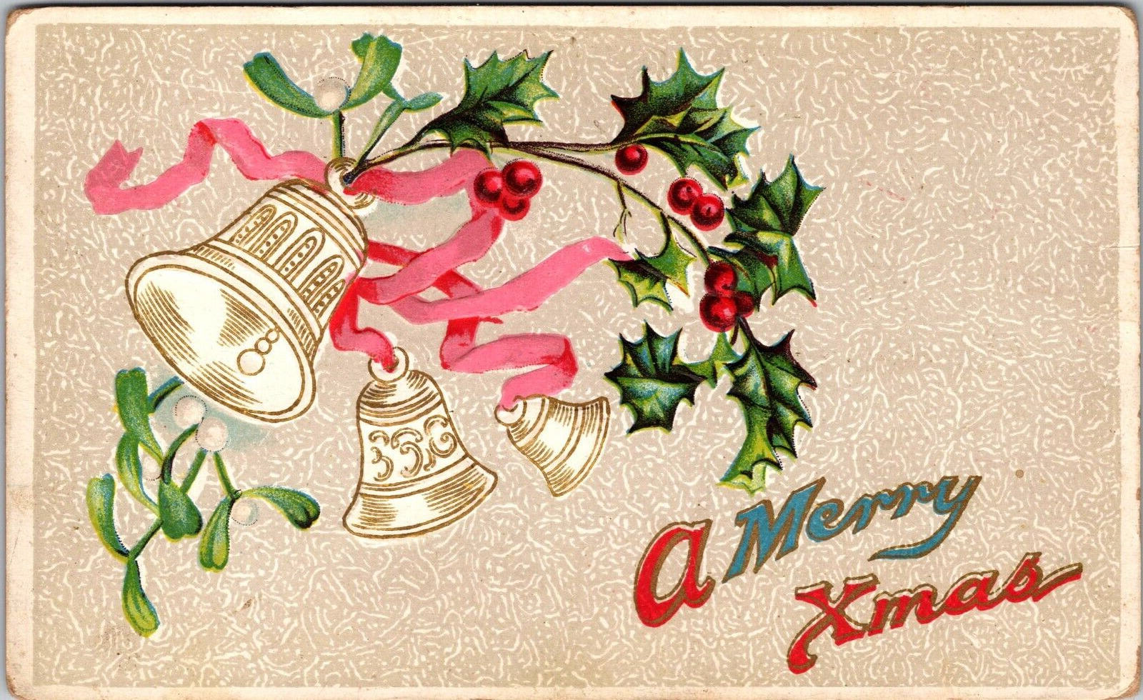 c1910 Christmas postcard Bells Berries holly a1