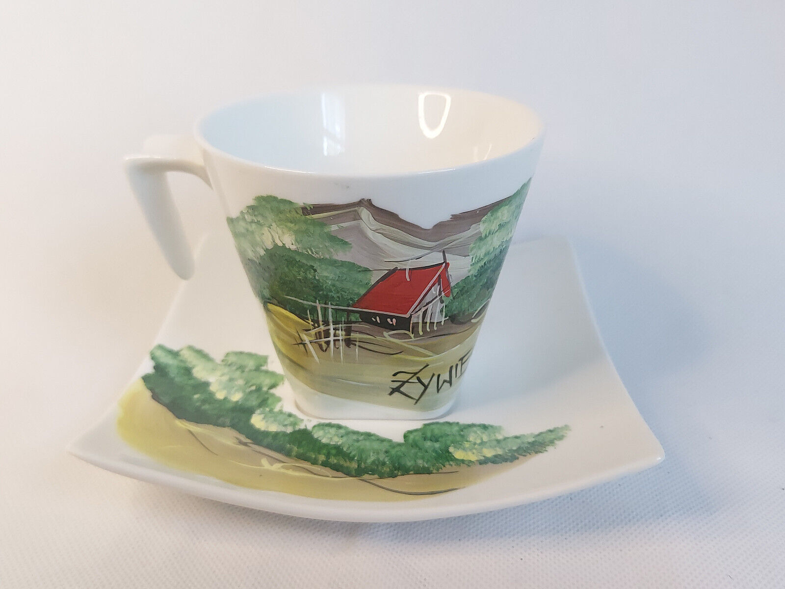 Vtg Saba Coffee Cup & Saucer With Handpainted Zywiec Lake Scene