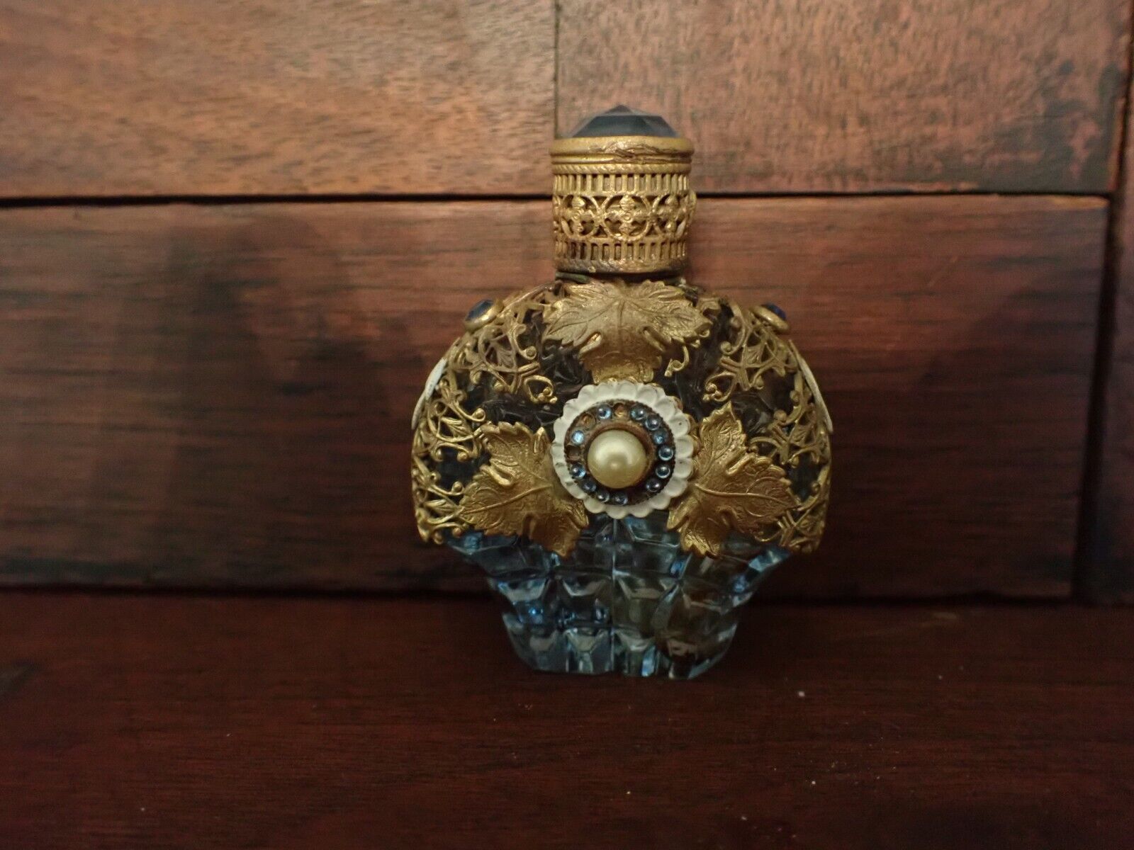 Antique Czech Jeweled Ormolu Glass Perfume Bottle