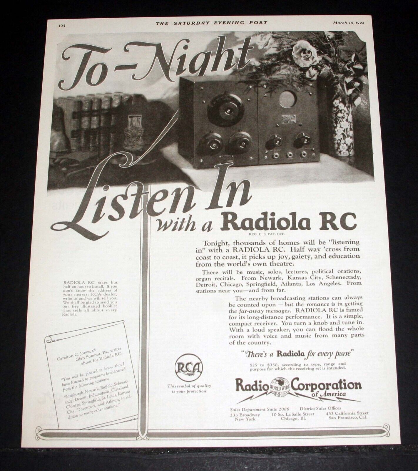 1923 OLD MAGAZINE PRINT AD, RCA RADIOLA RC RADIO, T0-NIGHT, YOU CAN LISTEN IN