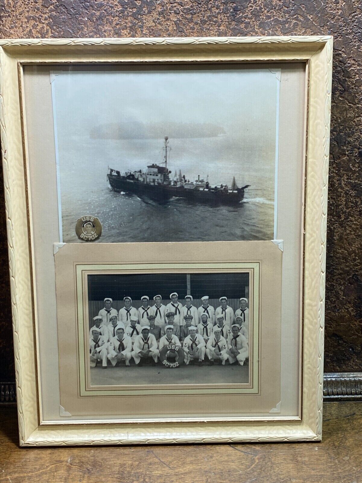 Original WWII US Navy USS SC702 SUB CHASER SHIP Photograph w Crew Photo Framed