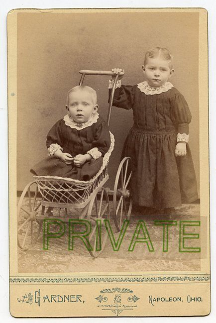Cabinet Photo - Napoleon, Ohio - 2 Cute Children - 1 In Buggy - 1 Hand on Buggy