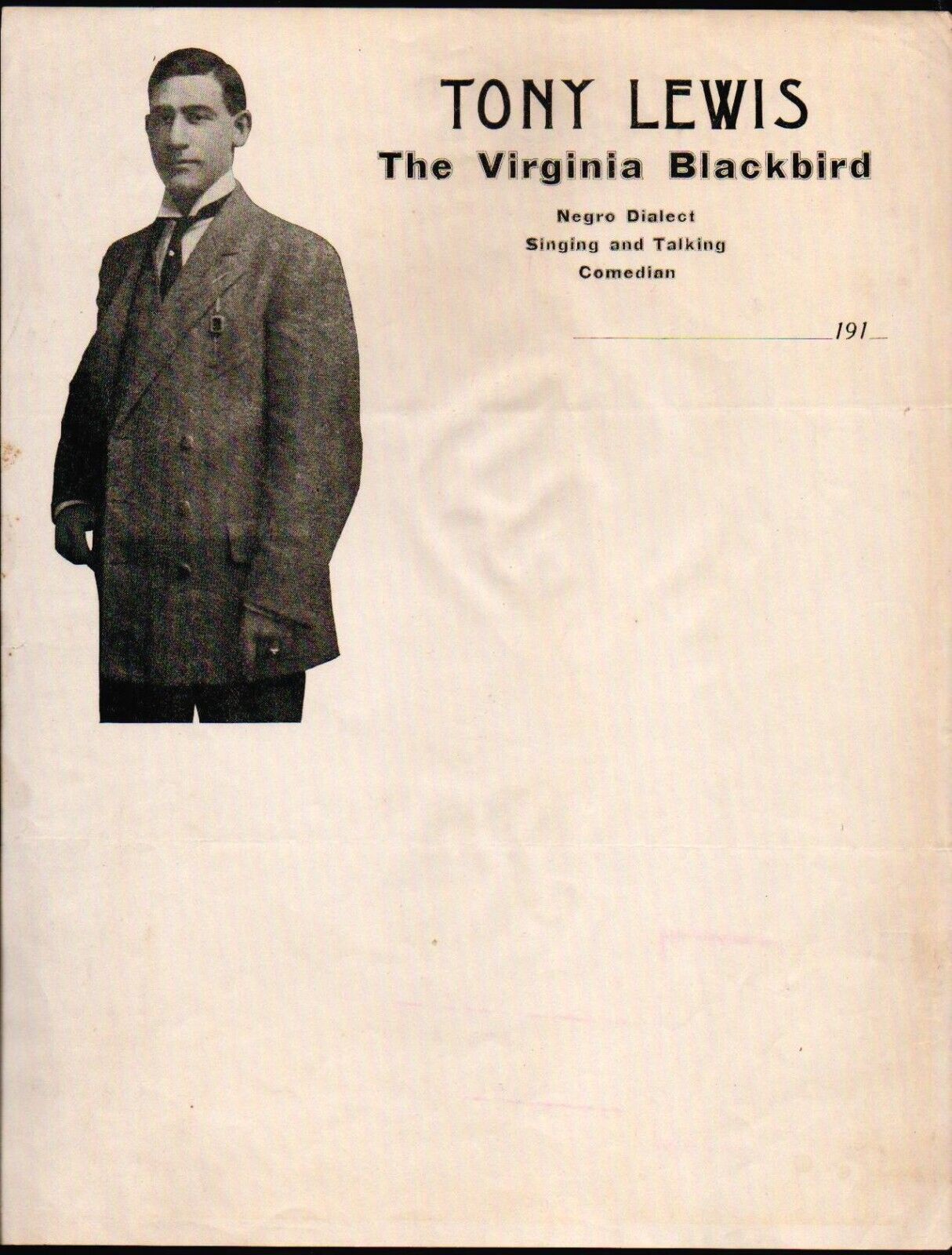 c1910 Tony Lewis - Virginia Blackbird Negro Dialect =  Comedian Letter Head Bill