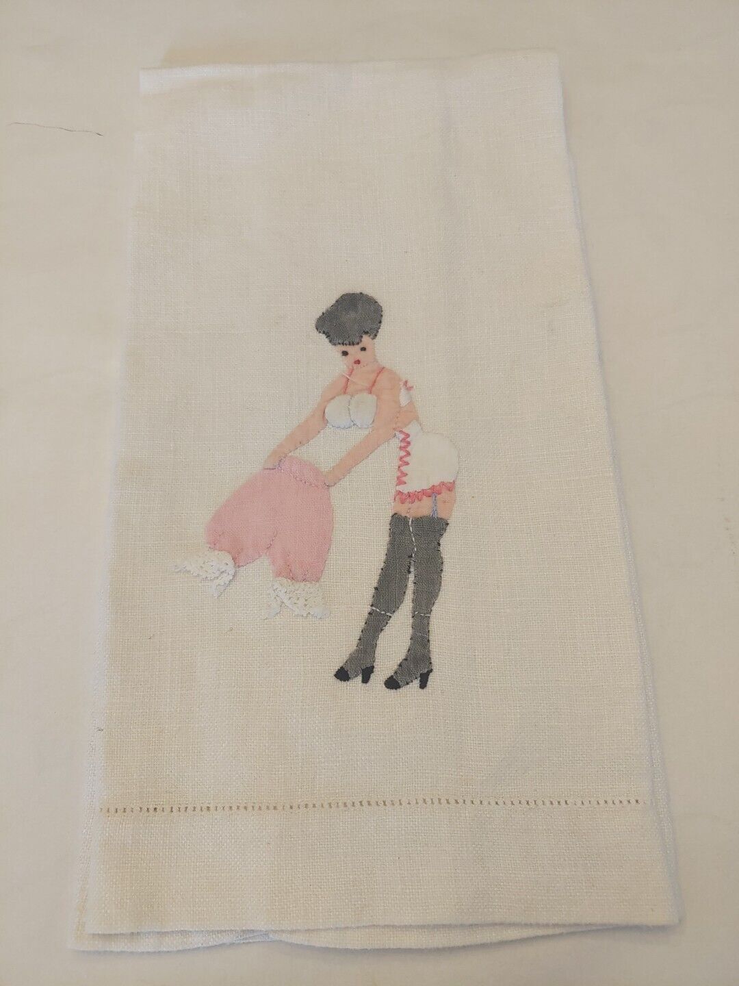 Vintage 40s Risque Naughty Appliqué Tea Hand Towel Padded Lady Pin up 12\