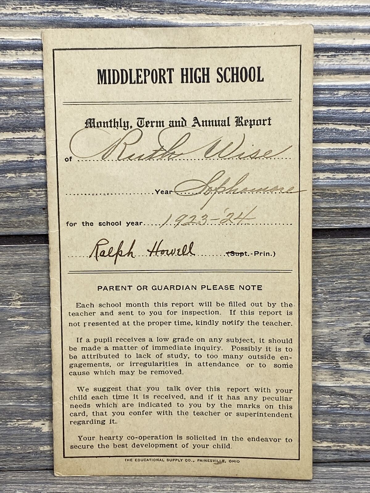 Vintage Middleport High School Report Card 1923-1924 Painesville Ohio