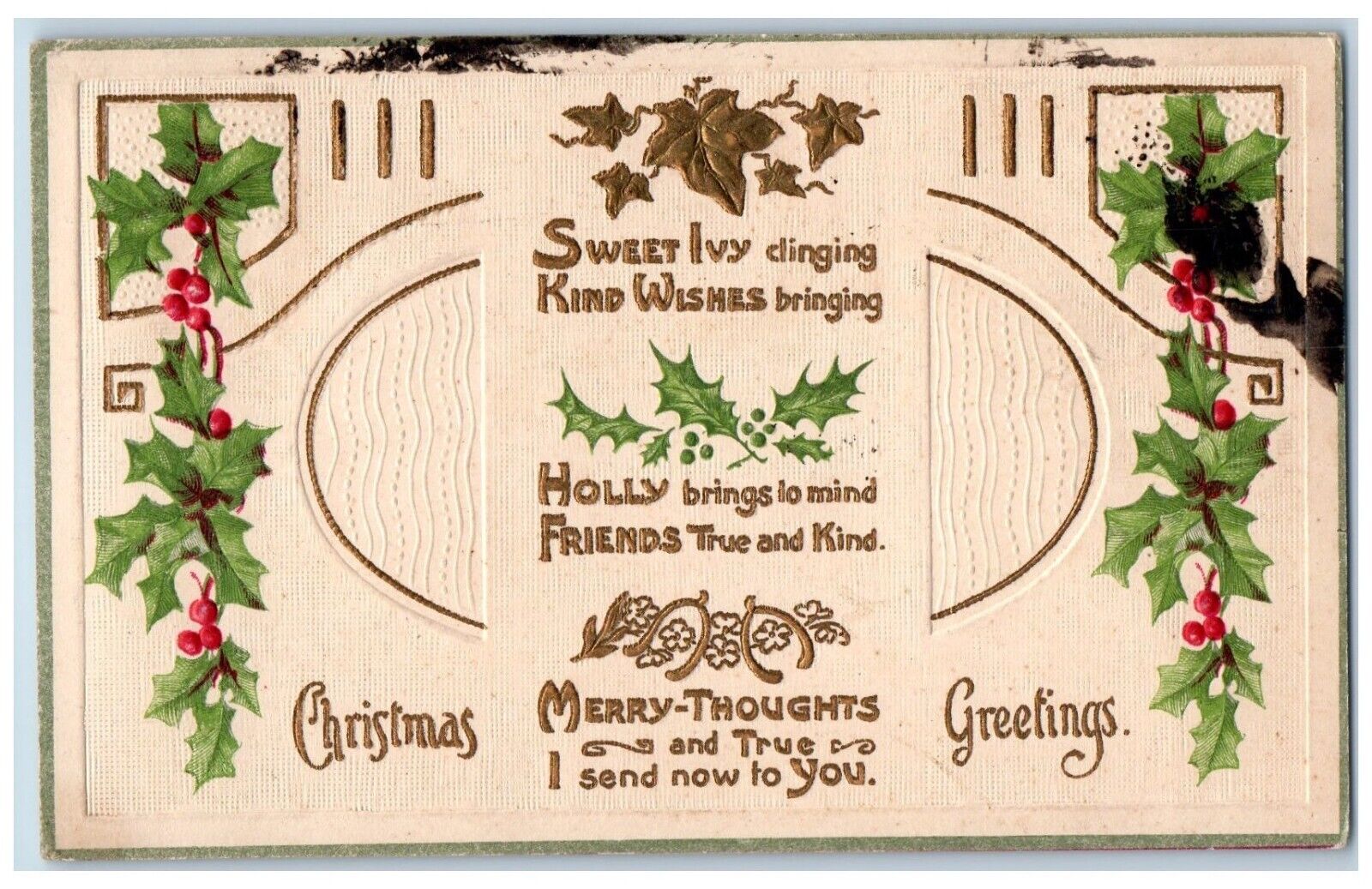 Gilman Iowa IA Postcard Christmas Greetings Holly Berries Embossed 1915 Antique
