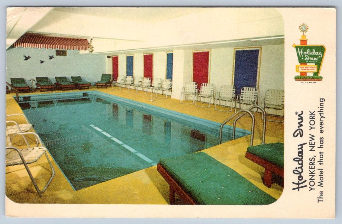 1965 HOLIDAY INN YONKERS NY INDOOR SWIMMING POOL WEBBED LAWN CHAIRS POSTCARD