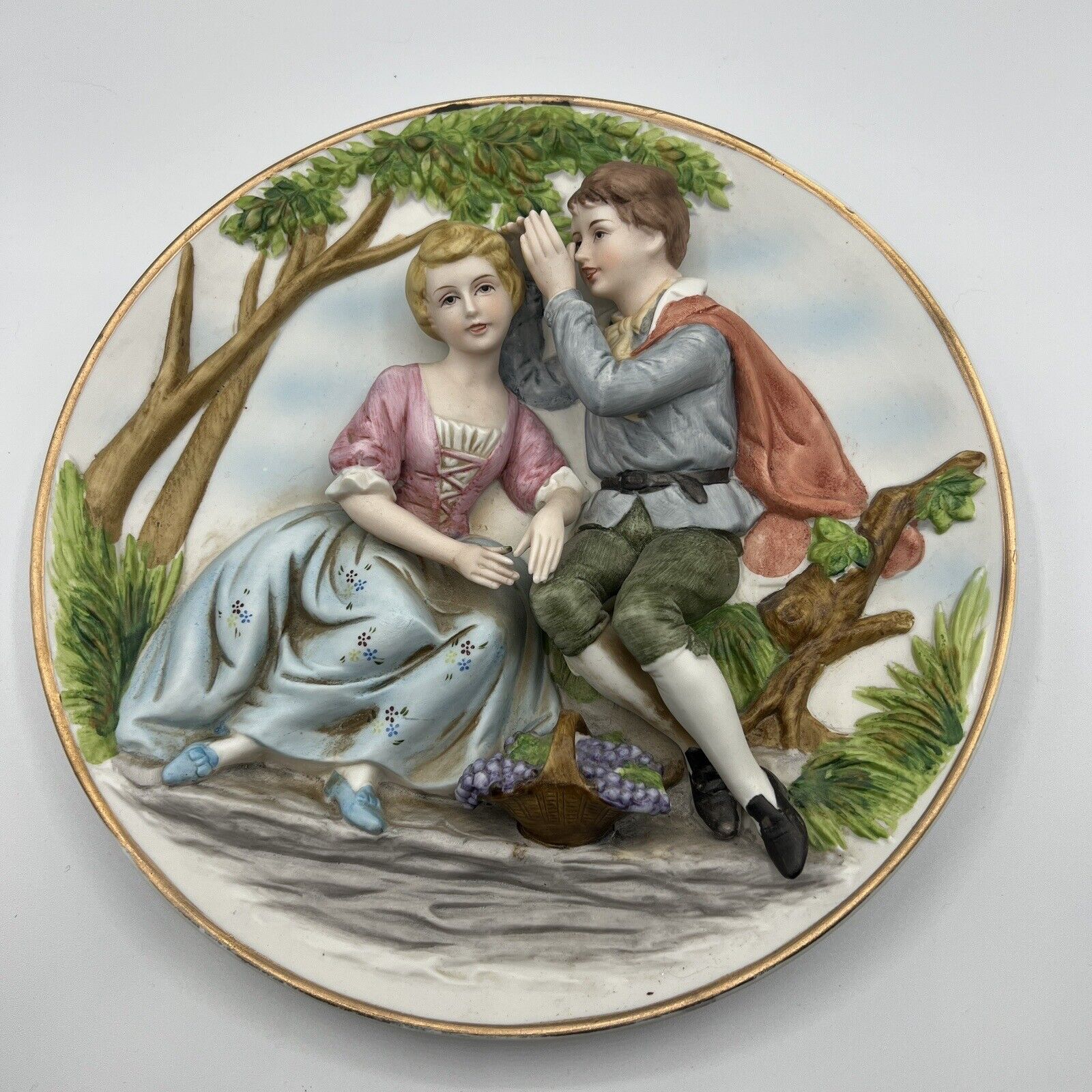 Vintage 18th Century Lovers Ceramic Decorative Plate 3D Raised Relief 10.5\