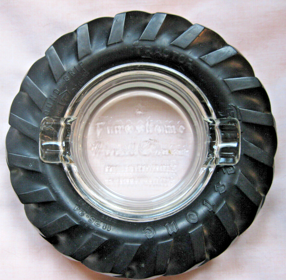 Vintage Firestone tractor tire ashtray rubber. embossed glass \