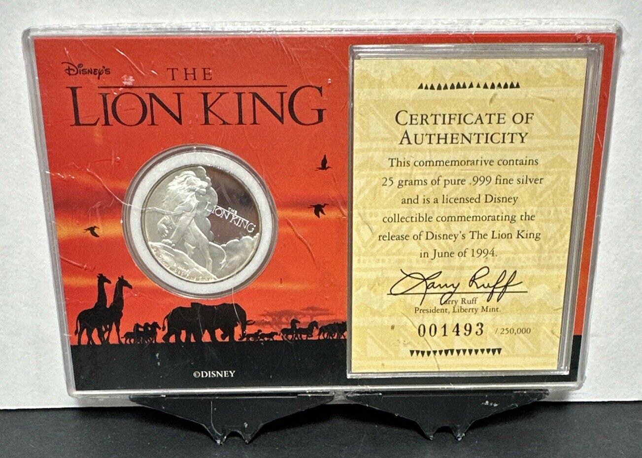 1994 The Lion King Limited-Edition Commemorative Coin .999 AU 25 Grams COA Toned