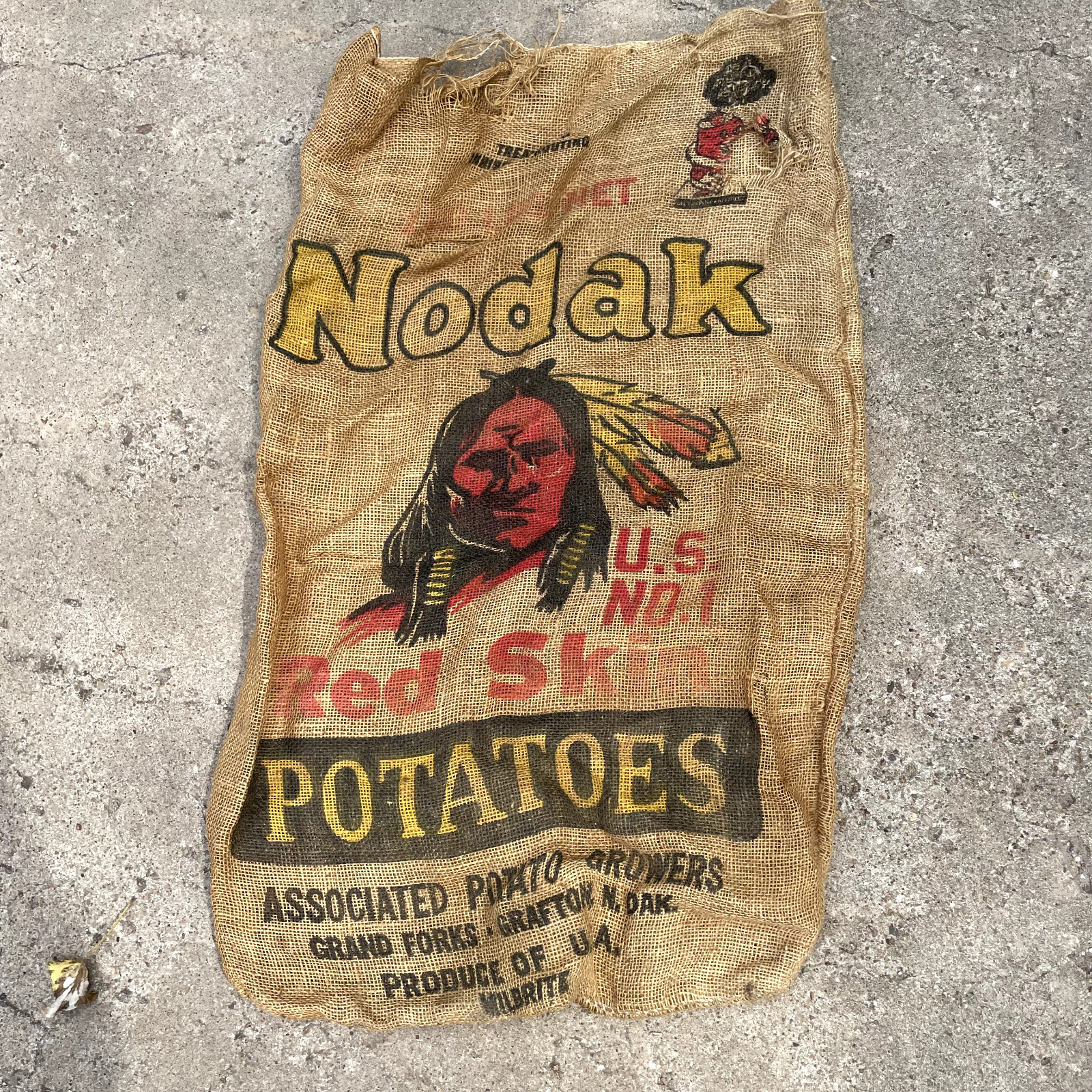 Vtg Nodak Red Skin Potatoes Indian Burlap Sack North Dakota Milbrite 100lbs D