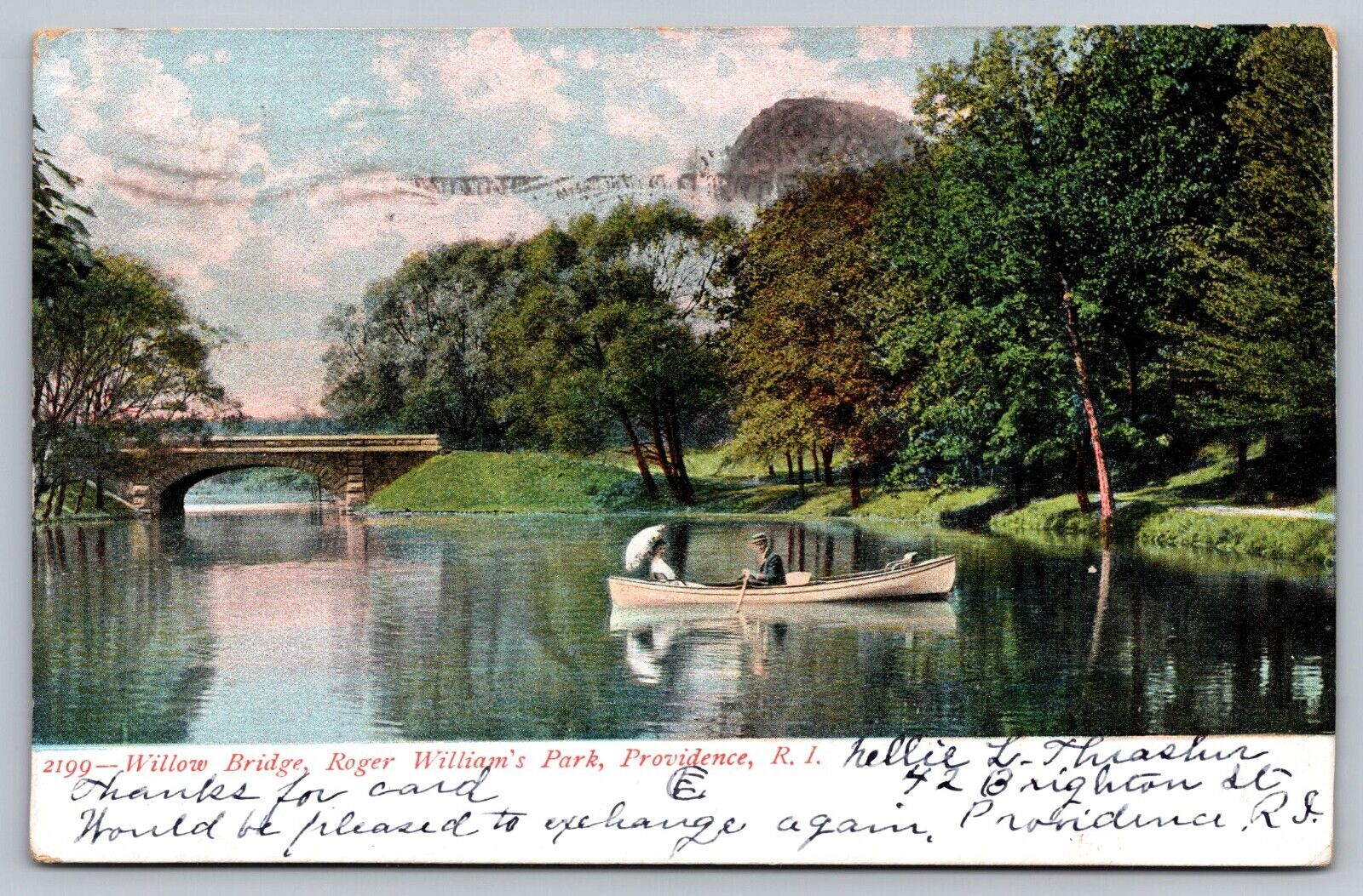 Postcard 1906 Providence RI Willow Bridge Roger Williams Park Couple in Boat A26